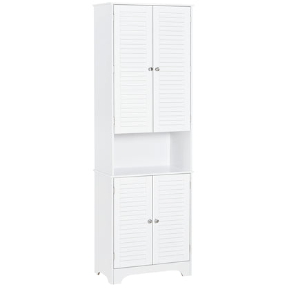 Tall Freestanding Bathroom Cabinet Retro Shutters w/ 3 Compartments Shelves Elevated Base Narrow Organiser White 60L x 30W x