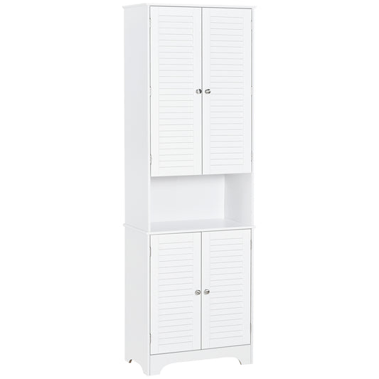 Tall Freestanding Bathroom Cabinet Retro Shutters w/ 3 Compartments Shelves Elevated Base Narrow Organiser White 60L x 30W x