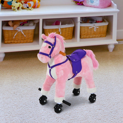 Small Ride on Horse with Wheels or Manual Movement and Sound Effects - Pink