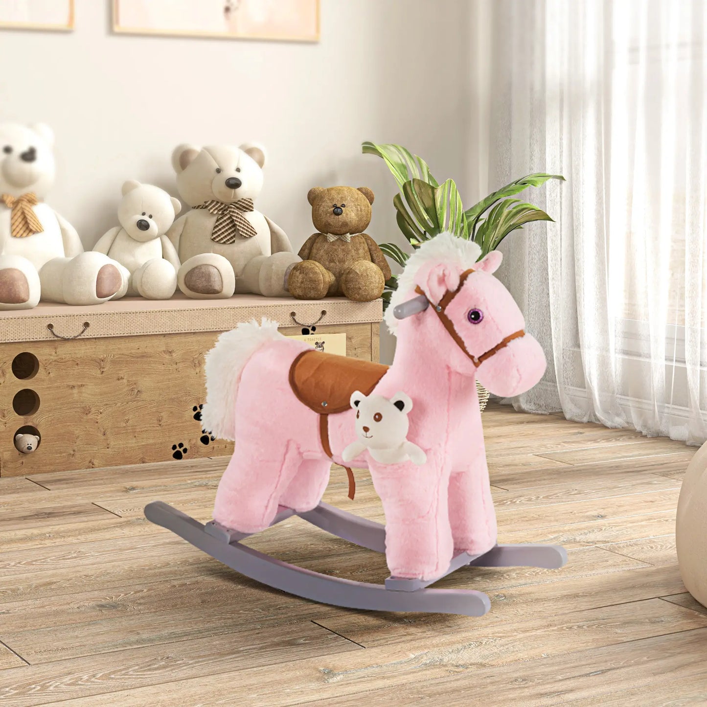 Plush Ride on Rocking Horse with Cuddle Toy Pocket - Pink