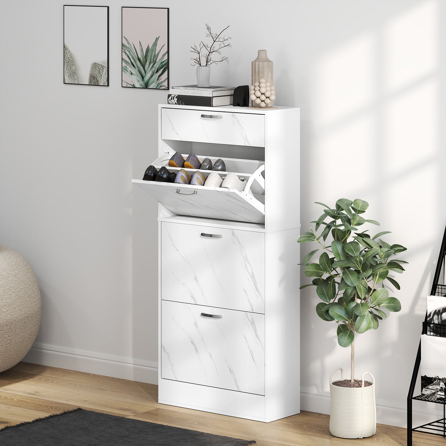 Marble Shoe Storage Cabinet with 3 Flip Drawers, Hallway Cabinet with Top Drawer and Adjustable Shelves