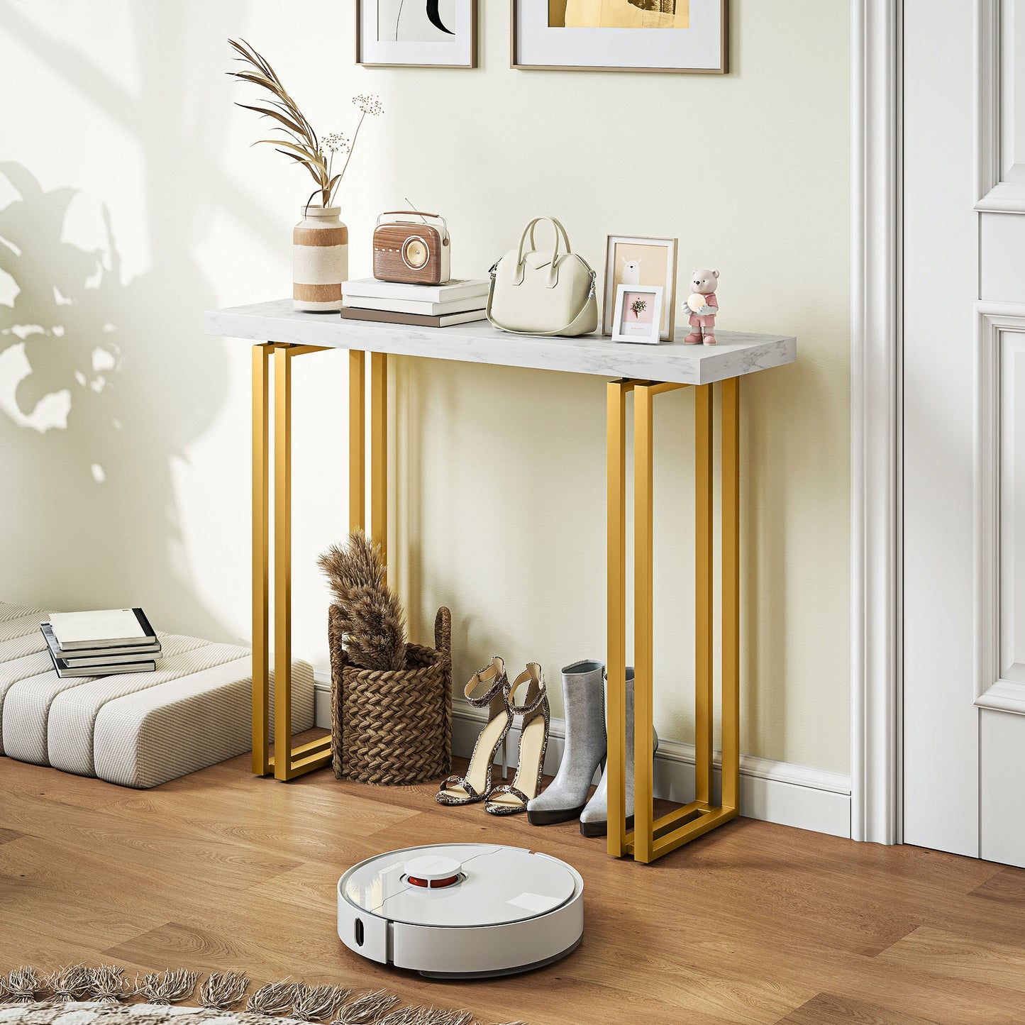 100 cm Console Table with Faux Marble Top, Narrow Entryway Table with Anti-tipping Device, White