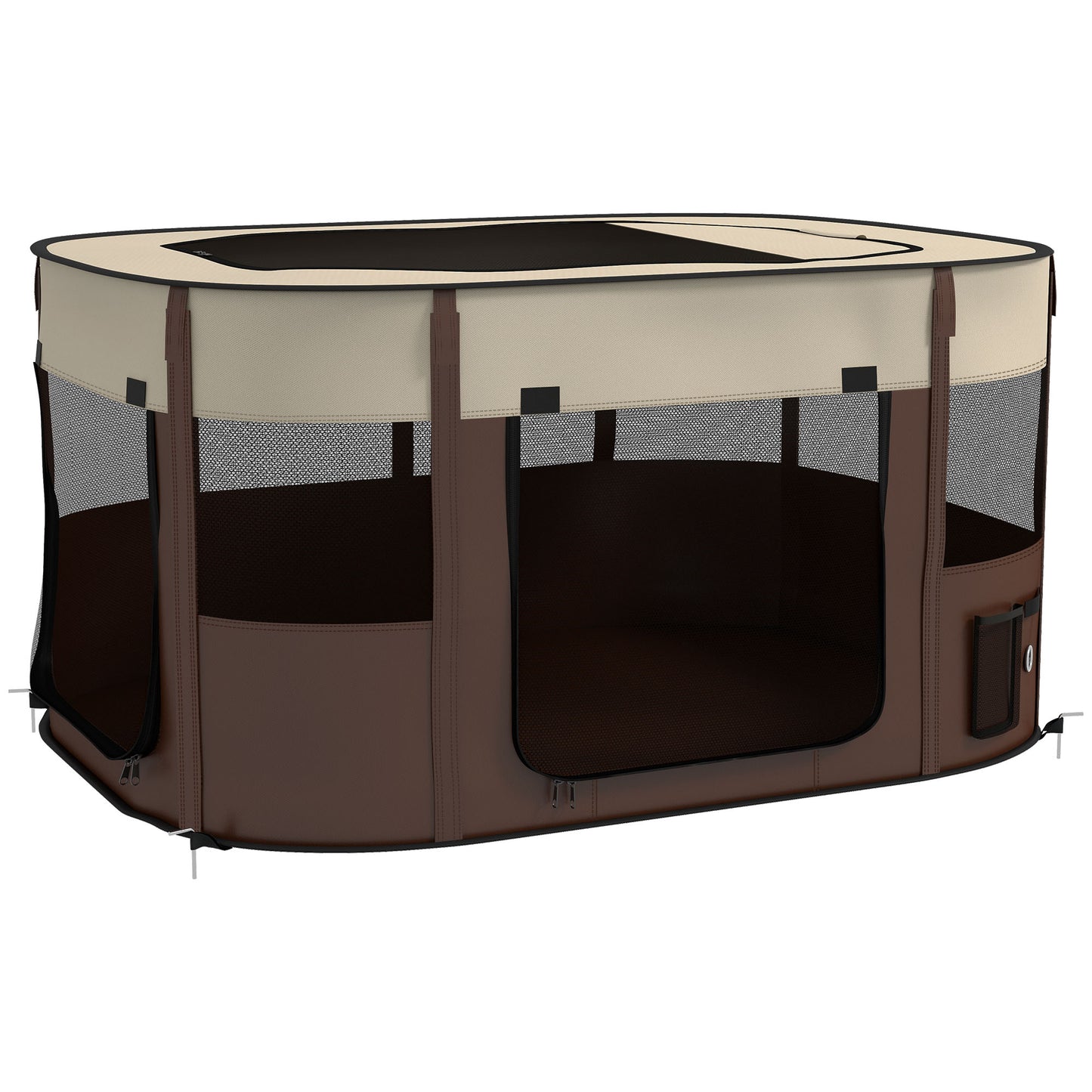 Foldable Dog Pen with Storage Bag for Indoor/Outdoor Use, Portable Pet playpen, with Ground Stakes - Brown