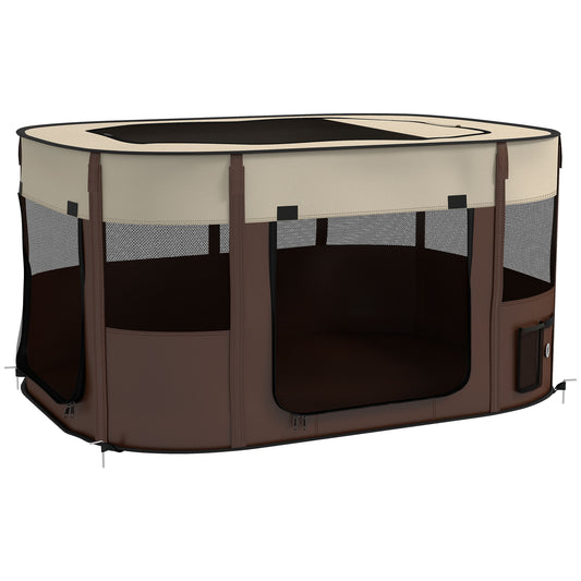Foldable Dog Pen with Storage Bag for Indoor/Outdoor Use, Portable Pet playpen, with Ground Stakes - Brown
