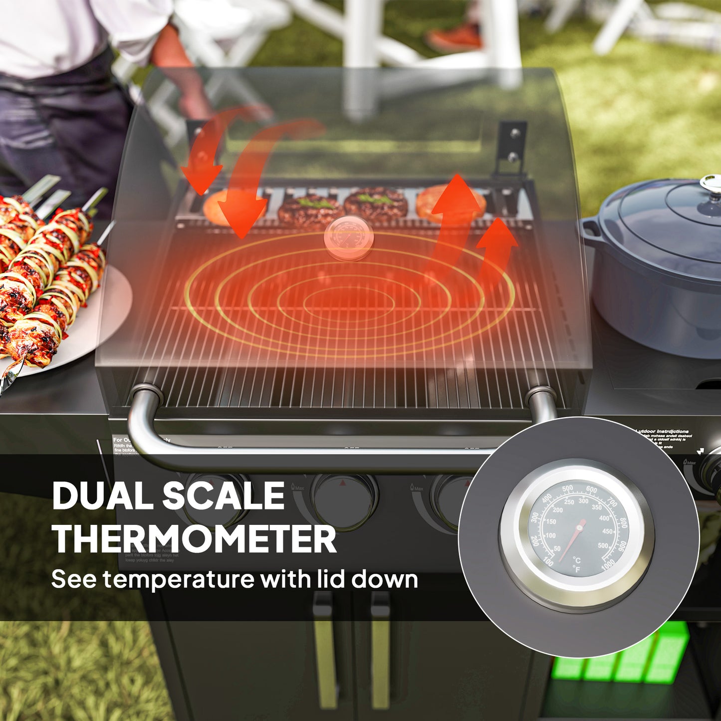 3+1 Burner Gas BBQ Grill with Storage Cabinet and Shelves, 9.5 kW Gas Barbecue Trolley with 6 Castor Wheels, Warming Rack