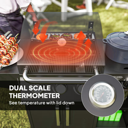 3+1 Burner Gas BBQ Grill with Storage Cabinet and Shelves, 9.5 kW Gas Barbecue Trolley with 6 Castor Wheels, Warming Rack