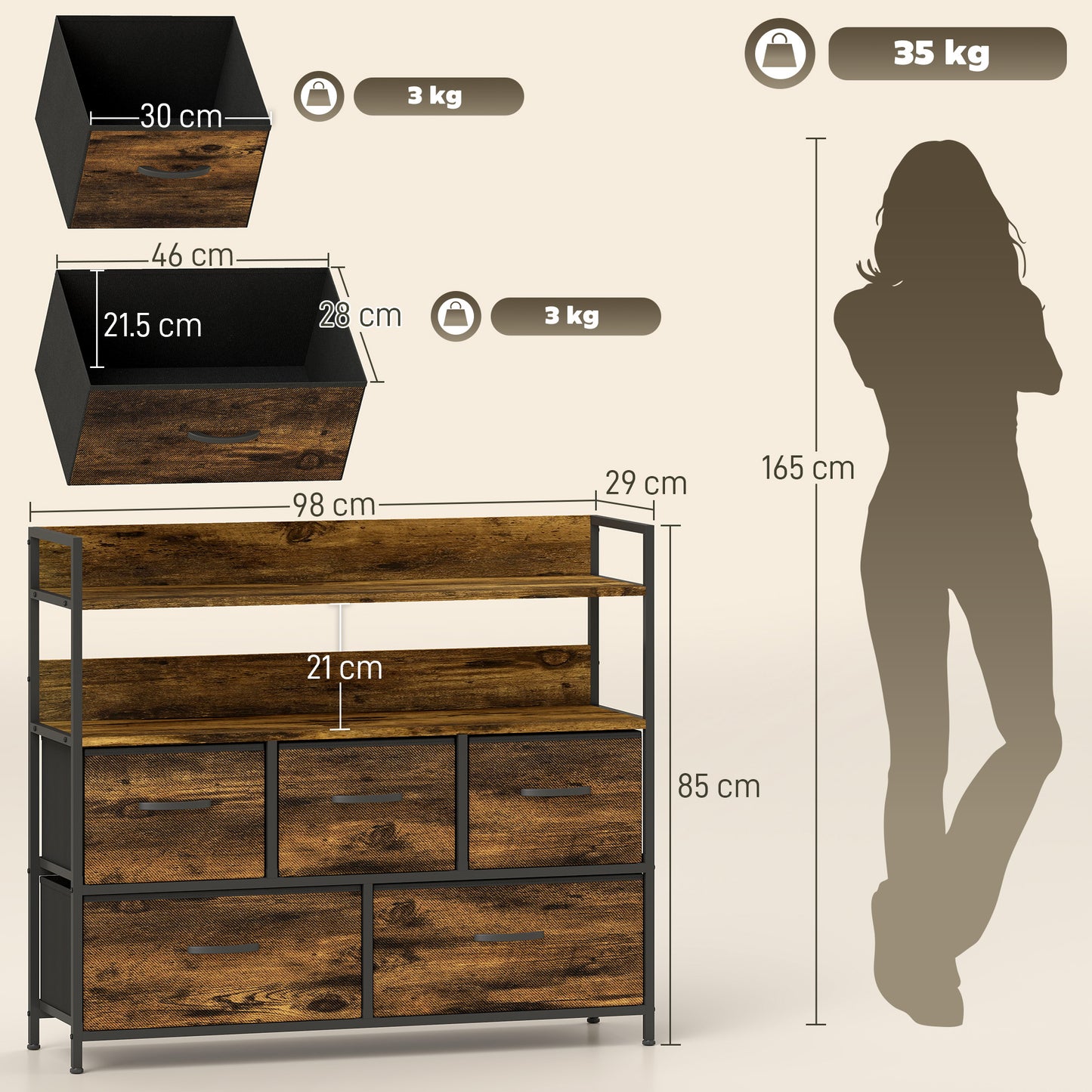 Rustic Chest of Five Fabric Drawers - Rustic Brown