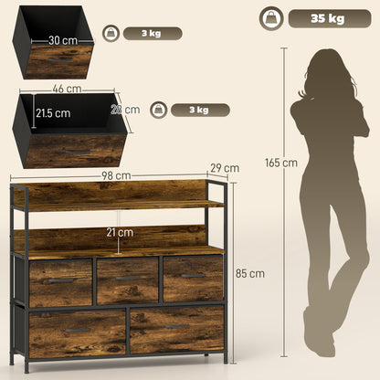 Rustic Chest of Five Fabric Drawers - Rustic Brown