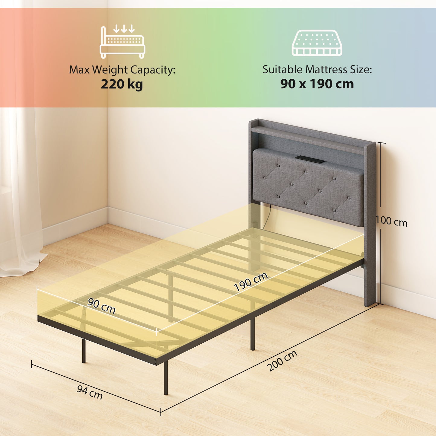 Floating Bed Frame, Upholstered 3ft Single Size Bed, Platform Bed with RGB LED Lights and Charging Station, Grey