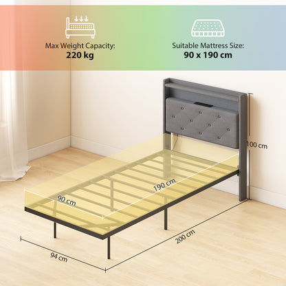 Floating Bed Frame, Upholstered 3ft Single Size Bed, Platform Bed with RGB LED Lights and Charging Station, Grey
