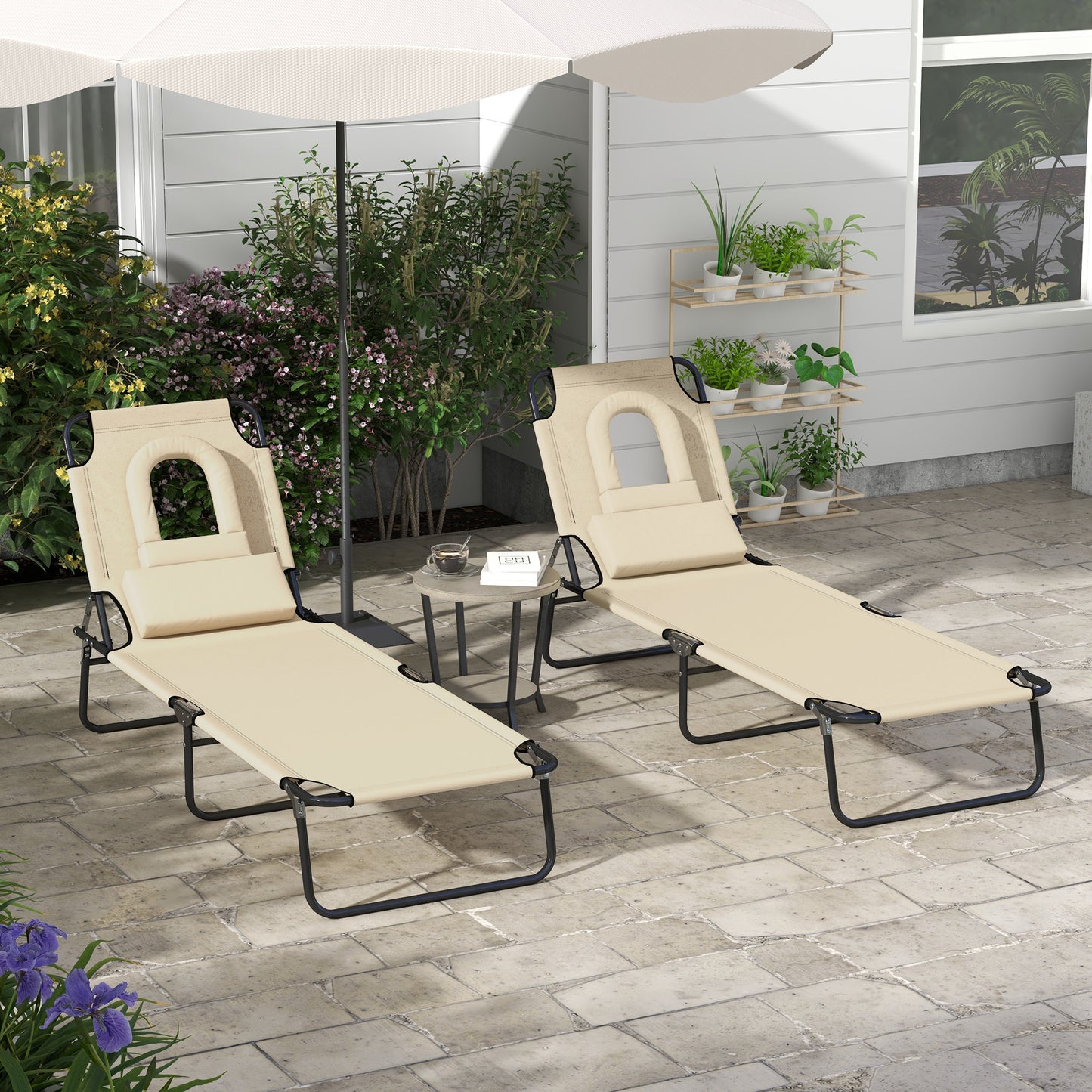 Folding Sun Loungers Set of 2 with Face Hole, 4-Position Adjustable Backrest Garden Recliner Chairs Sunbeds