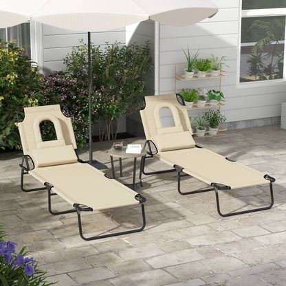 Folding Sun Loungers Set of 2 with Face Hole, 4-Position Adjustable Backrest Garden Recliner Chairs Sunbeds