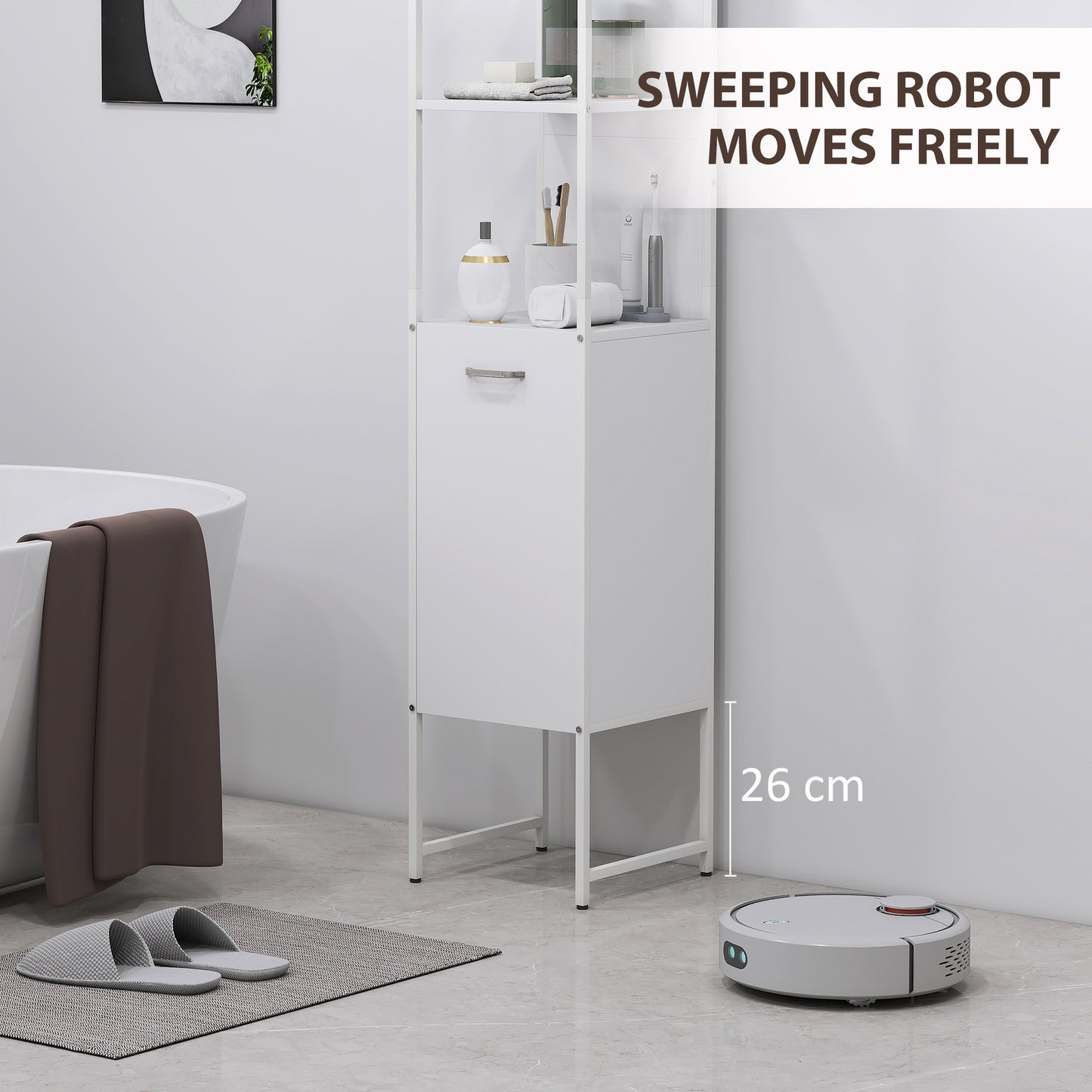 Tall Bathroom Cabinet with Open Shelves and Adjustable Shelf - White