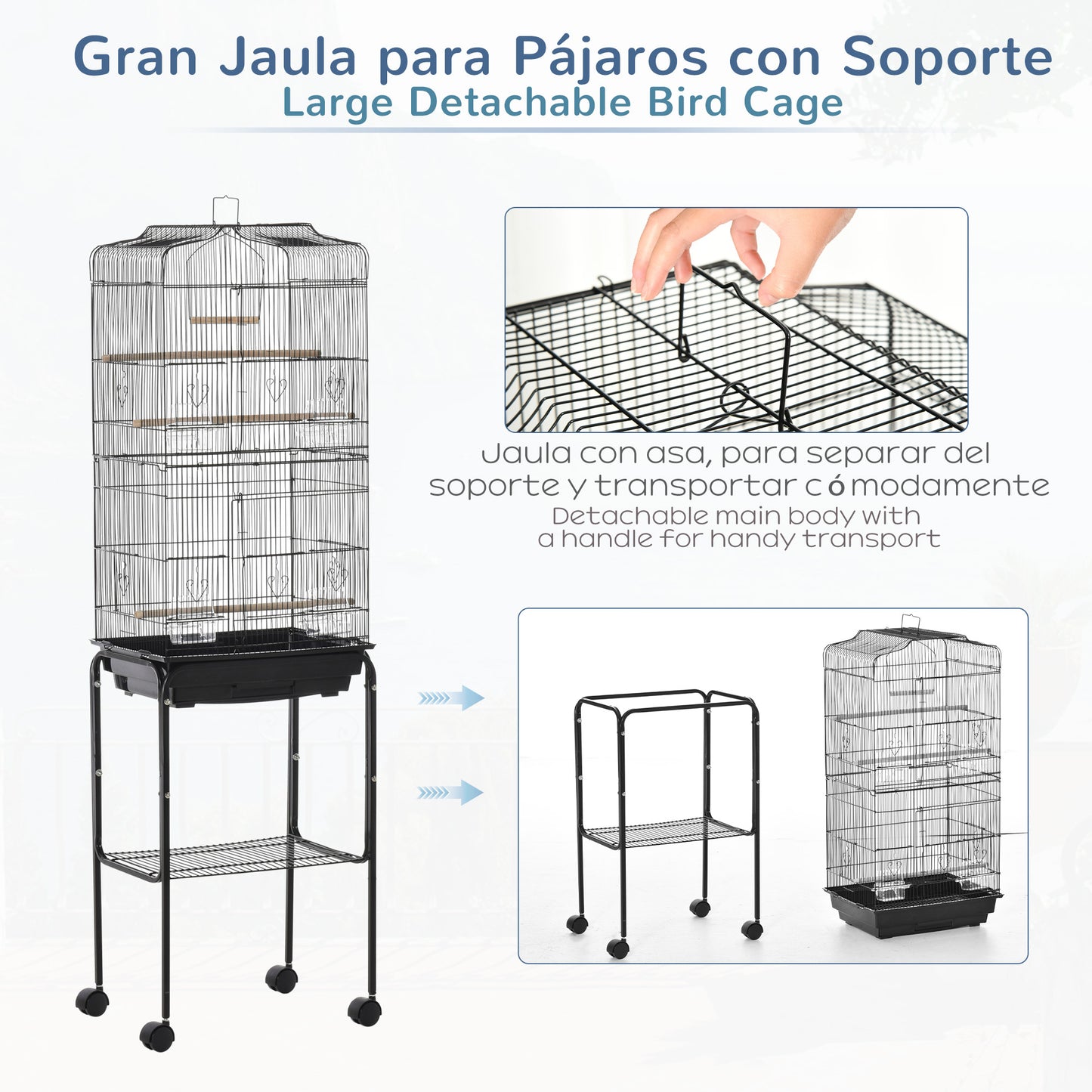 Bird Cage Budgie Cages for Finch Canary Parakeet with Stand Wheels Slide-out Tray Accessories Storage Shelf