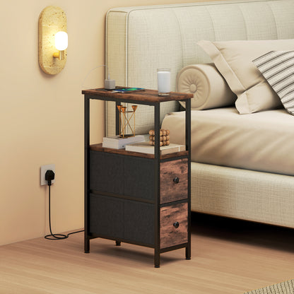 Side Table, Narrow Bedside Table with Charging Station, 2 Drawers, AC Outlet and 2 USB Ports for Living Room, Bedroom