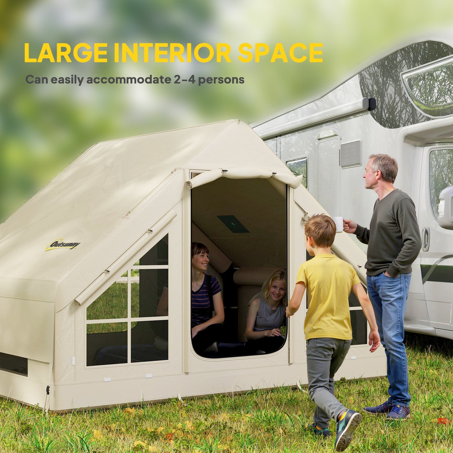 Inflatable Camping Tent with Pump, Stove Jack Hole, Easy Setup 2-4 Person Family Blow Up Tent