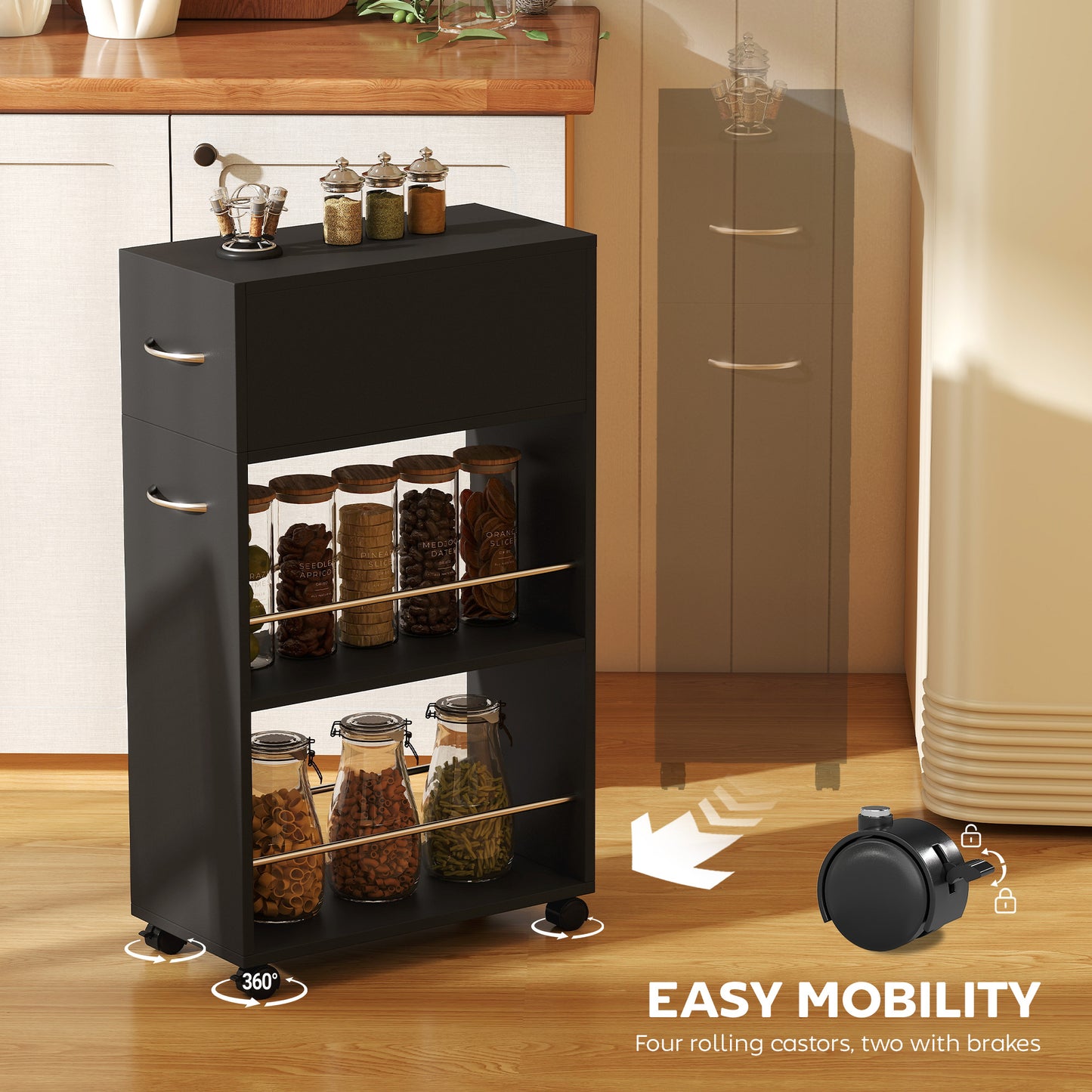 Rolling Storage Unit, 3-Tier Kitchen Cart Trolley with Drawer, Surface Top and 4 Universal Wheels, Black