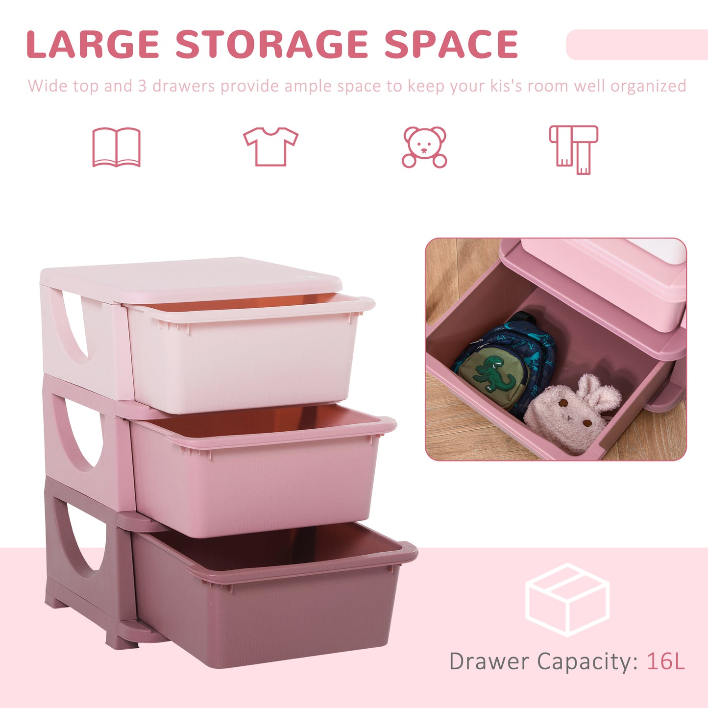3 Drawers Plastic Kids Storage Units, 3 Tier Children Toy Chest for Nursery, Playroom, Bedroom, Pink