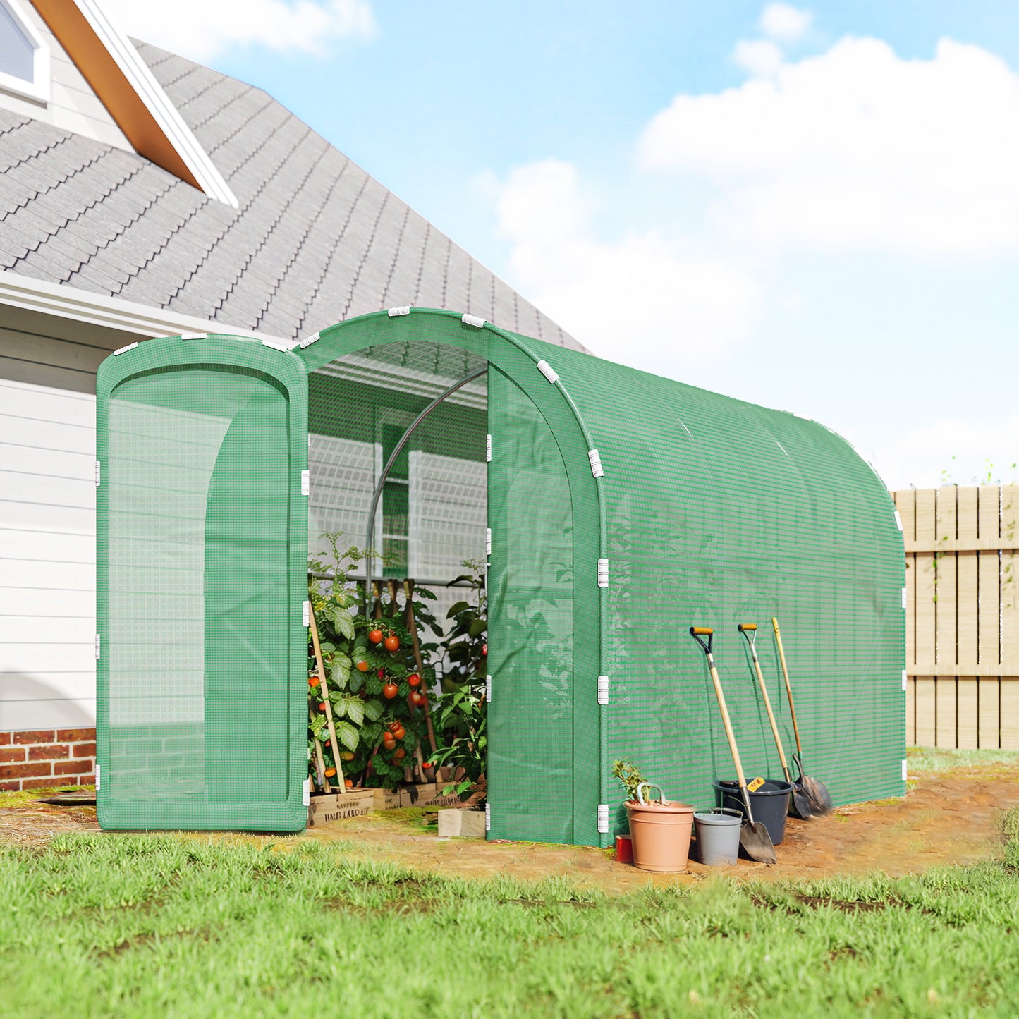 3 x 2 x 2m Polytunnel Greenhouse with Hinged Door, Walk-in Grow House Tent with PE Cover and Galvanised Steel Frame, Green
