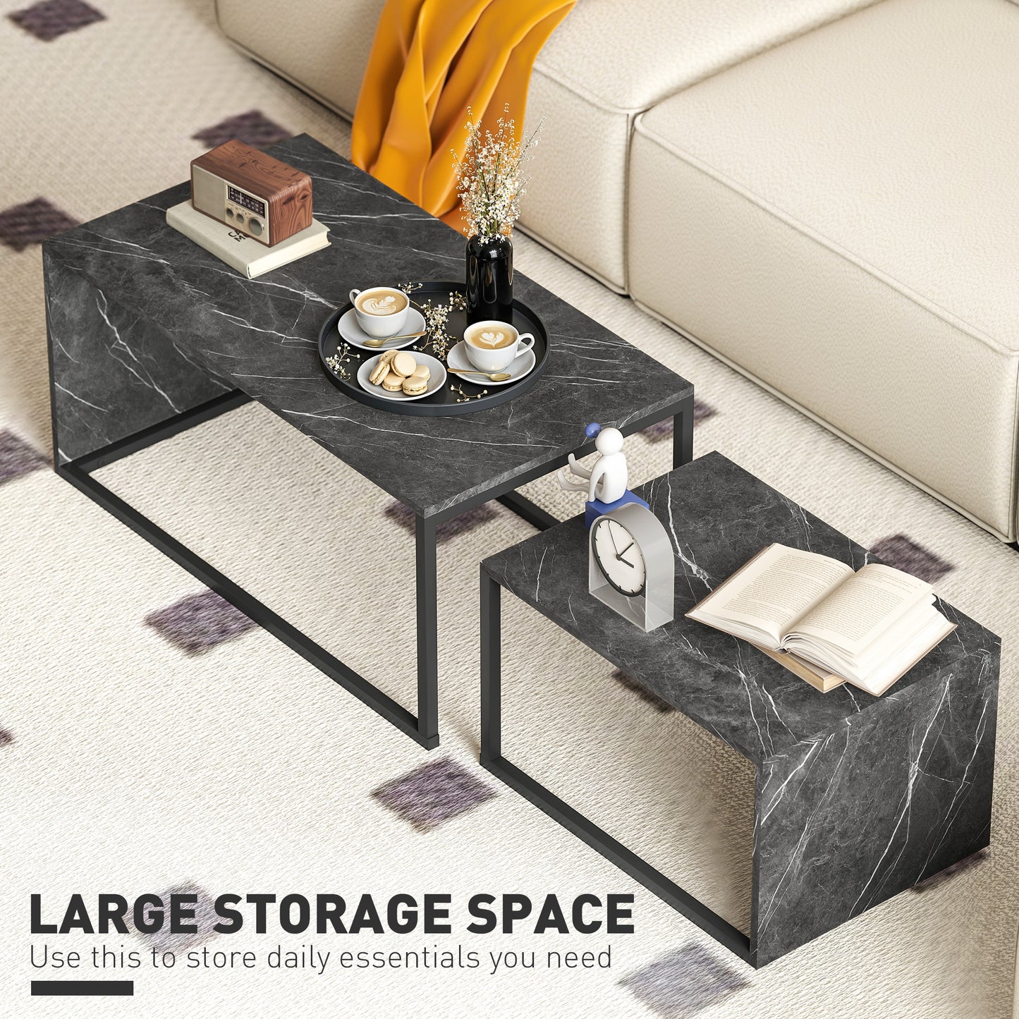 Nesting Coffee Table Set of 2, Industrial Stacking Side End Tables with Metal Frame for Living Room, Bedroom