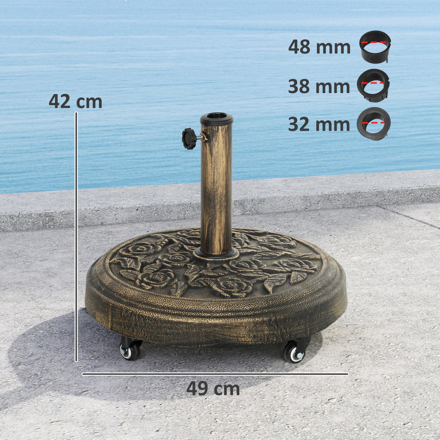 Parasol Base, Umbrella Base with Wheels Cast Iron Effect, for Umbrella, Canopy, Weather Resistant, Bronze Tone