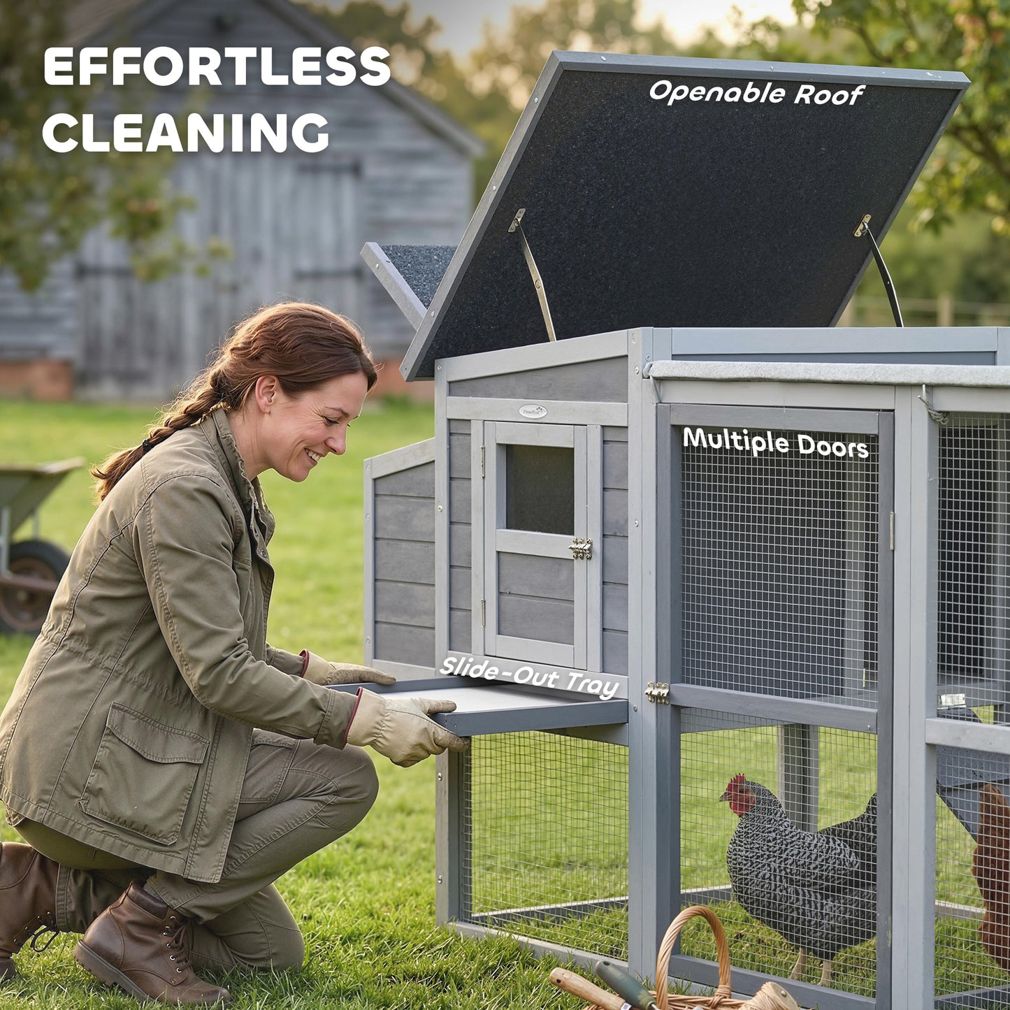 Large Chicken Coop, Wooden Hen House with Covered Run, Nesting Box, Pull-Out Tray, Opening Asphalt Roof