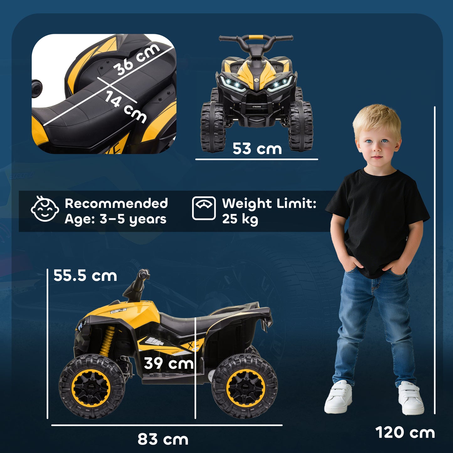 12V Ride-On Quad Bike w/ Music, Horn, for Ages 3+ Years - Yellow