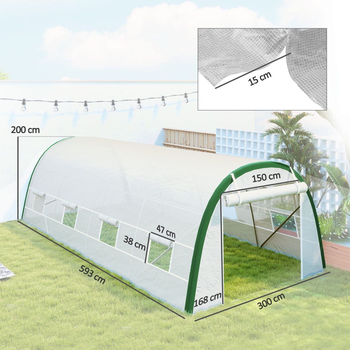 Walk-in Polytunnel Greenhouse Tunnel Warm House Tent with Zipped Doors, 8 Mesh Windows, PE Cover, 6 x 3 m, White