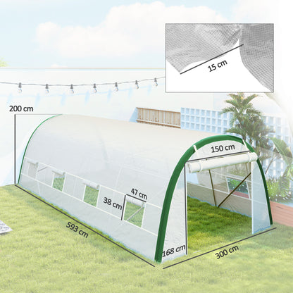 Walk-in Polytunnel Greenhouse Tunnel Warm House Tent with Zipped Doors, 8 Mesh Windows, PE Cover, 6 x 3 m, White