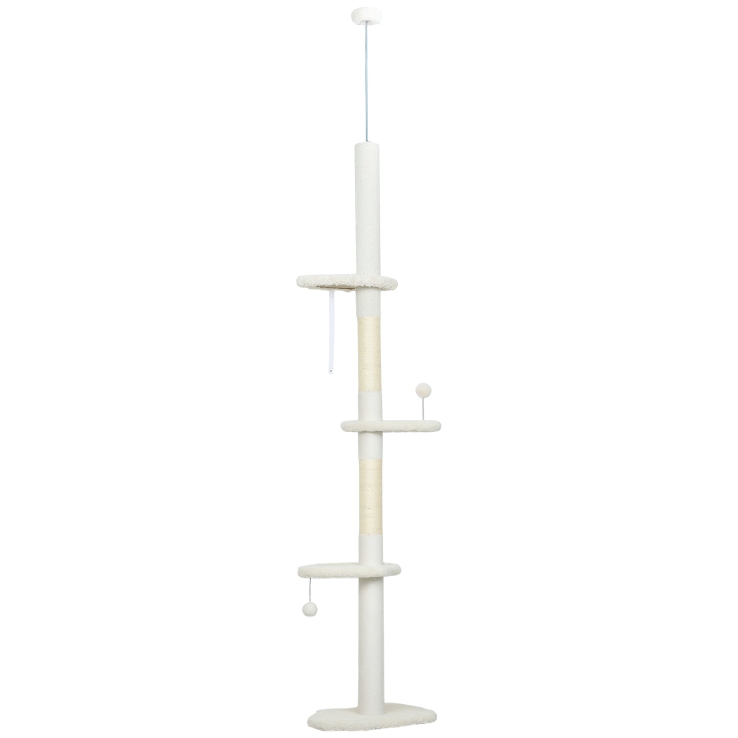 225-255 cm Adjustable Cat Climbing Tower with Sisal Scratching Posts, 2 Hanging Play Balls and Anti-Tip Strap, Beige