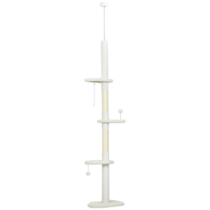 225-255 cm Adjustable Cat Climbing Tower with Sisal Scratching Posts, 2 Hanging Play Balls and Anti-Tip Strap, Beige