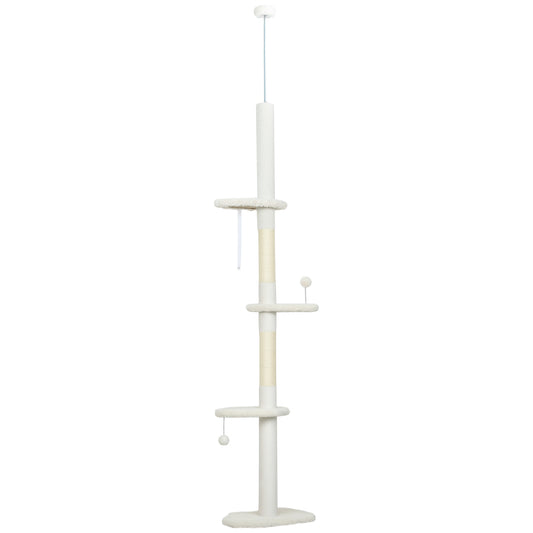 225-255 cm Adjustable Cat Climbing Tower with Sisal Scratching Posts, 2 Hanging Play Balls and Anti-Tip Strap, Beige
