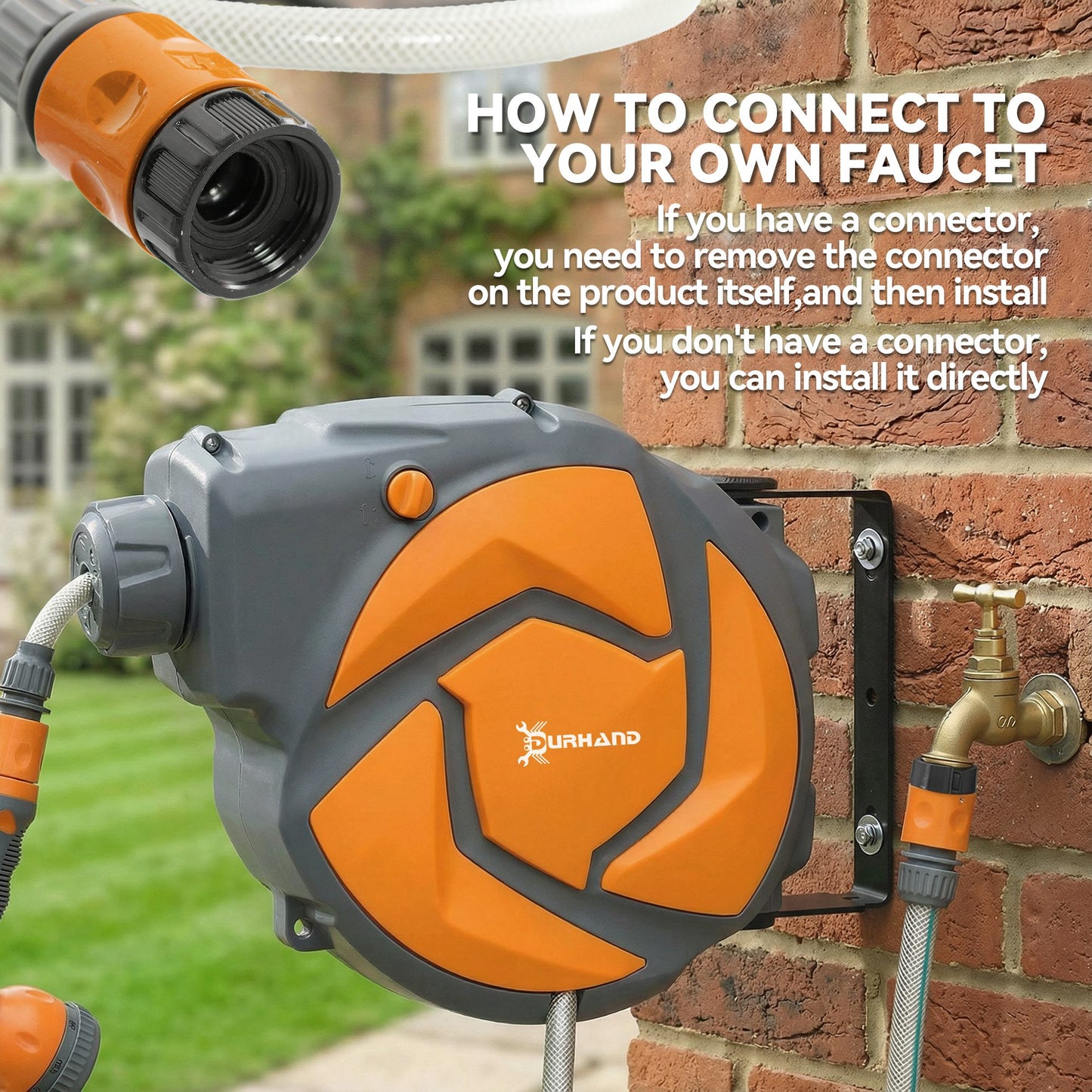 10m Garden Hose Reel Wall Mounted Auto Rewind with 7 Patterns Spray Nozzle, Includes Wall Fixings, Orange