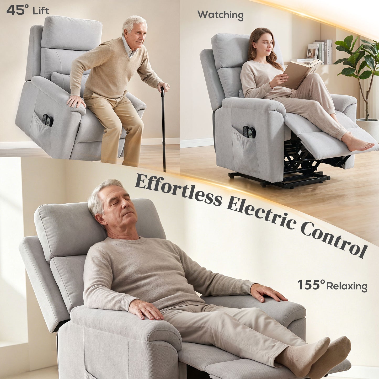 Power lift recliner chair with Massage and Heat, Terry Cloth Electric Lift Chair with Spring Cushion, Light Grey