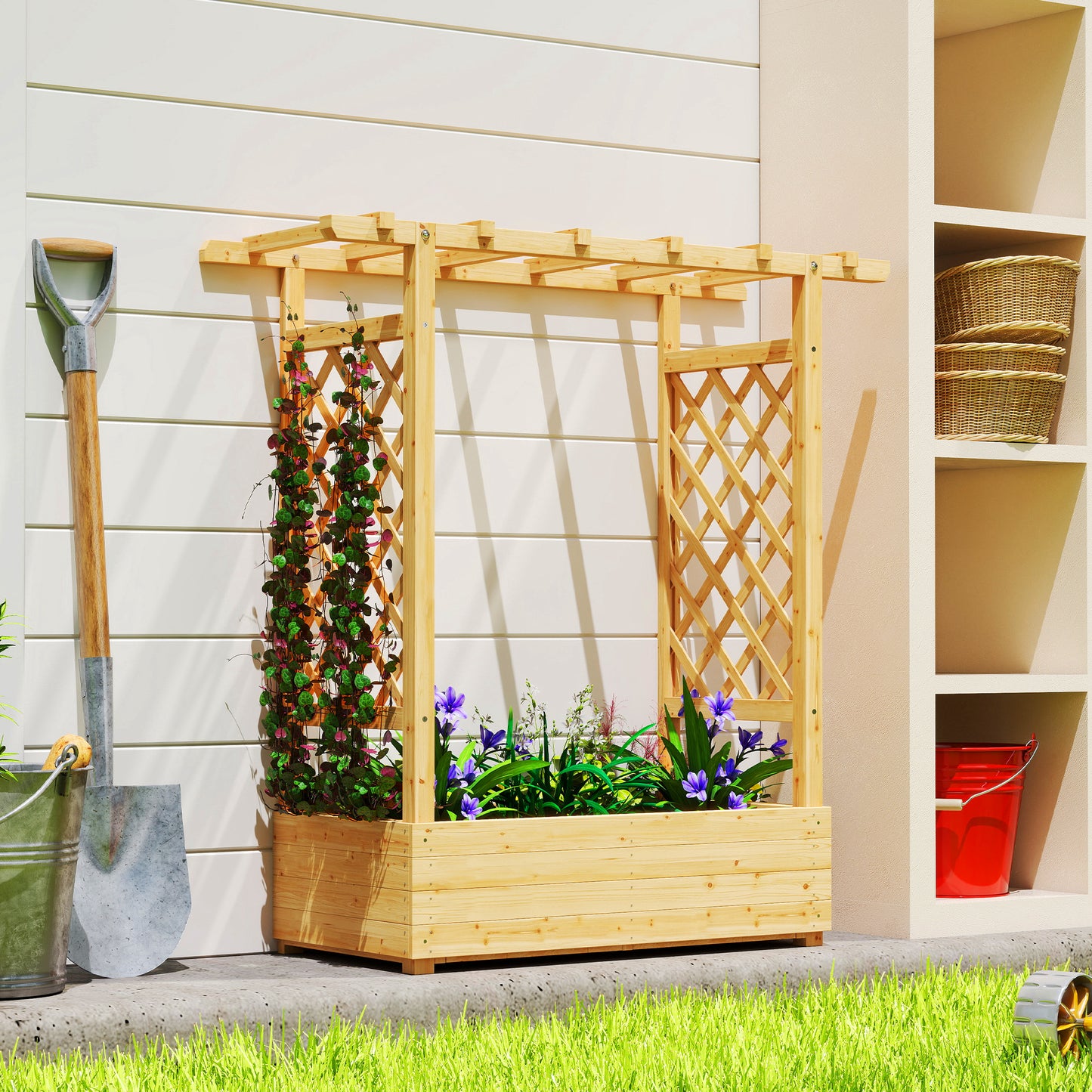 Garden Planter with Trellis, Wooden Raised Bed for Garden with Hanging Roof and Drainage Holes