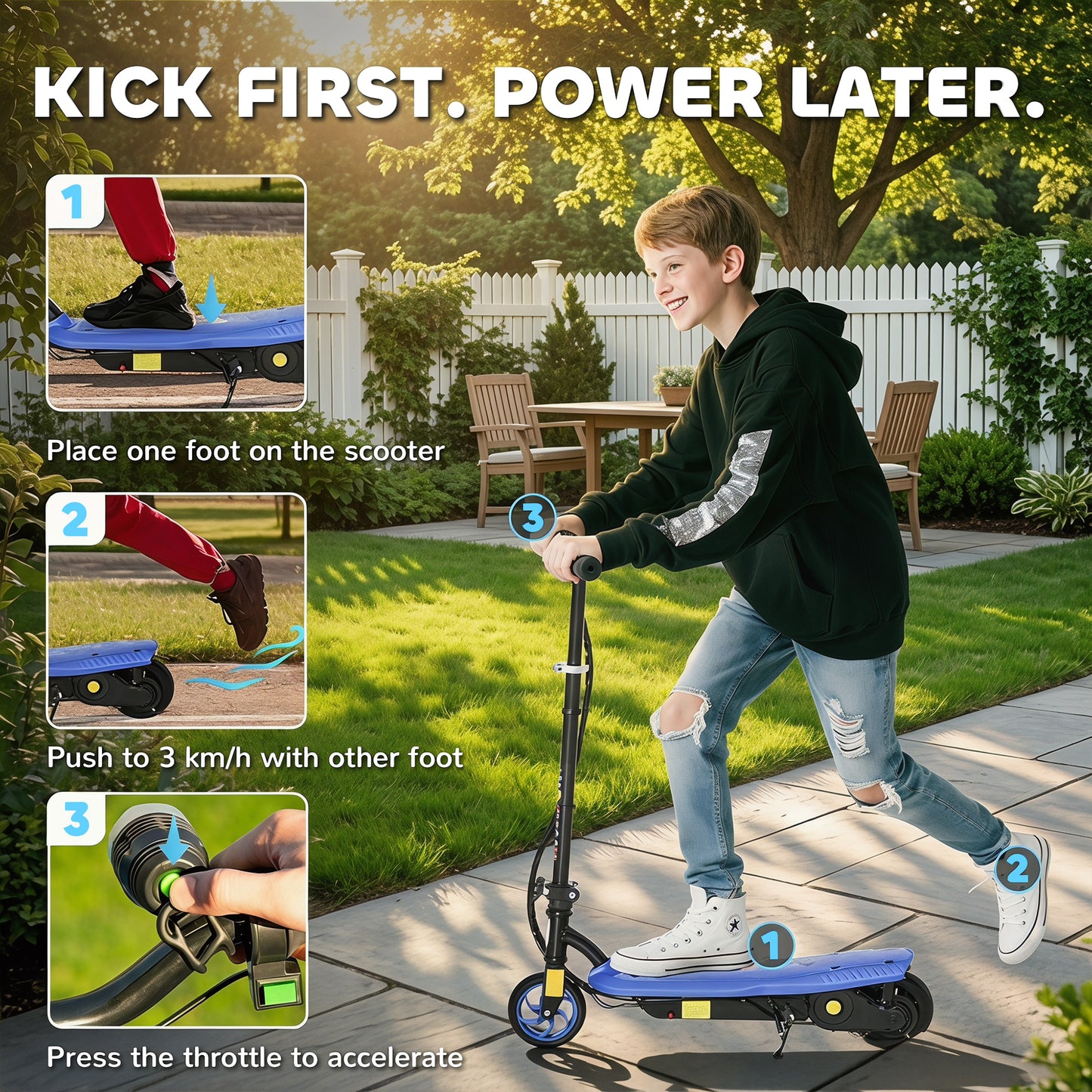 Foldable Electric Scooter, with LED Lights, for Ages 7-14 Years, Blue