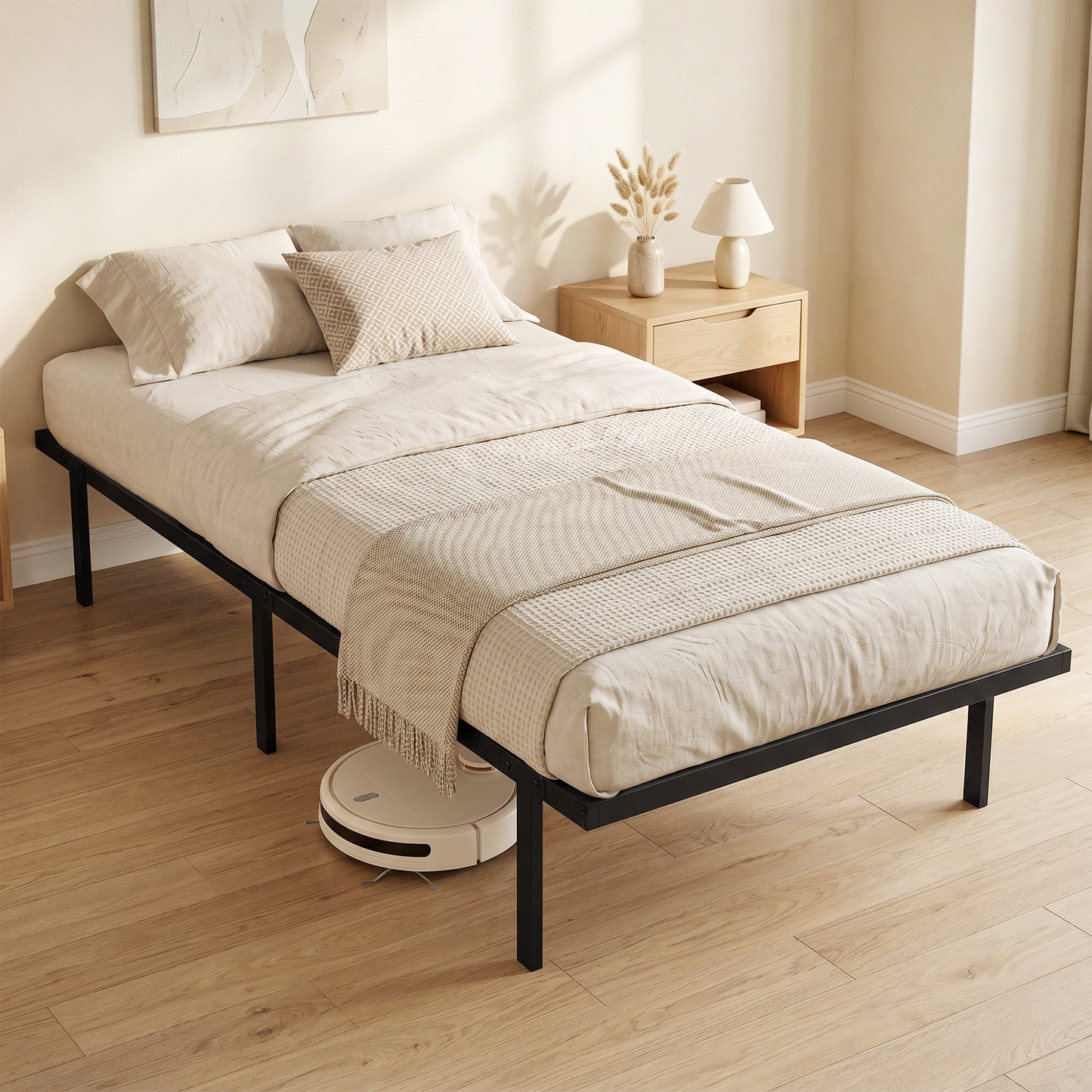 3ft Single Bed Frame with Underbed Storage, Metal Platform Bed Frame with Steel Slat Support, No Box Spring Needed