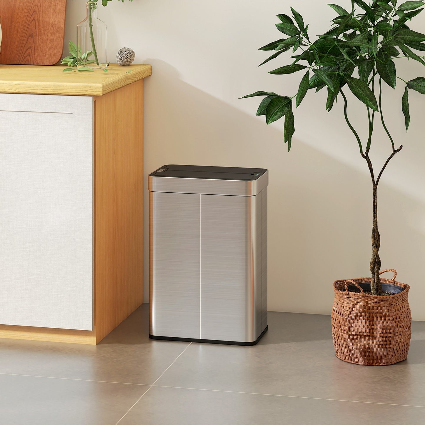 55L Sensor Bin, Large Automatic Touchless Rubbish Bin with Soft-Close Lid, Silver Tone