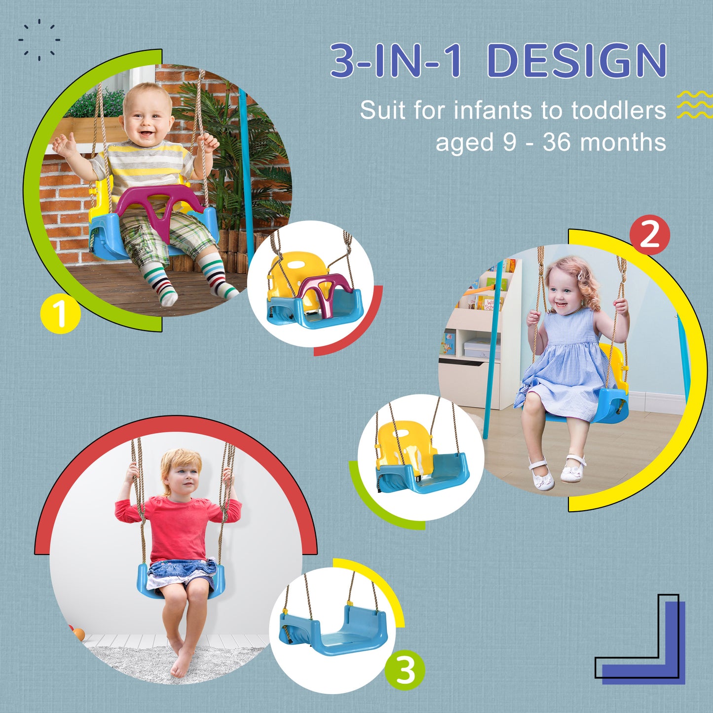 3 in 1 Detachable Kids Swing Seat with Seatbelt, Adjustable Rope for Indoor, Outdoor, Light Blue