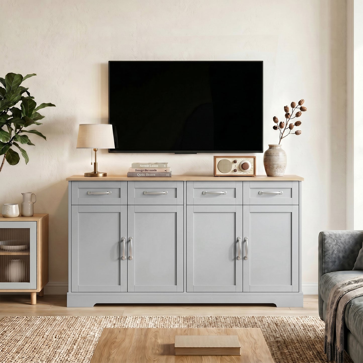 Sideboard Buffet Cabinet, 140 cm Kitchen Storage Cabinet with 4 Drawers, 4 Doors and 2 Adjustable Shelves, Grey