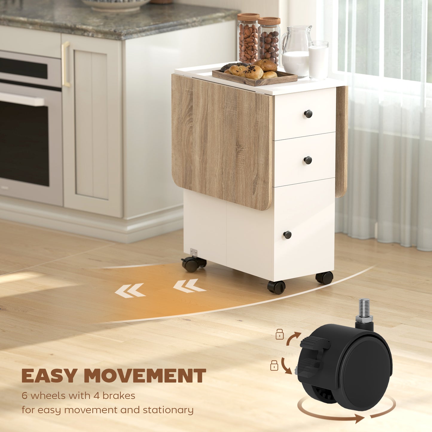 Multi-Storage Six-Person Drop Leaf Dining Table - Oak and White