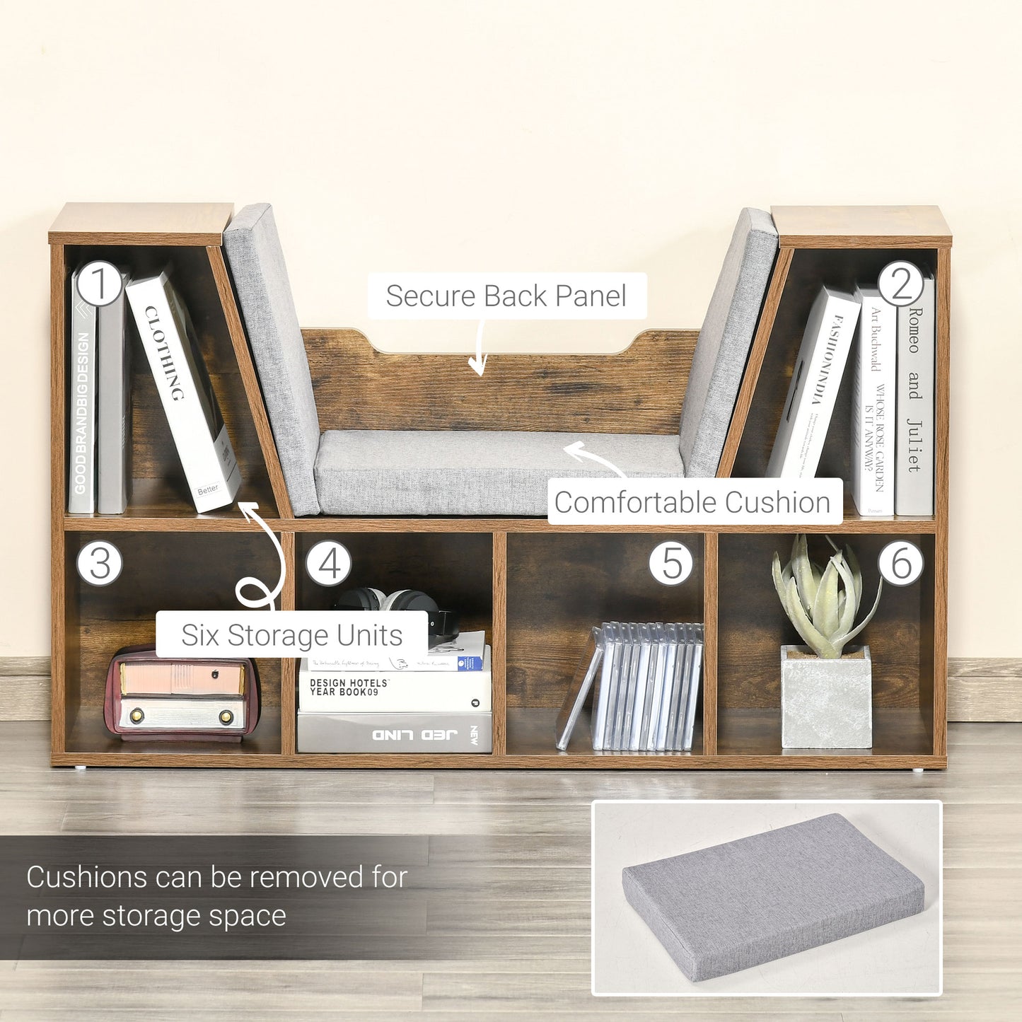 Bookcase Storage Shelf with Cushioned Reading Seat, Cube Bookshelf Organizer for Bedroom Living Room, Rustic Brown