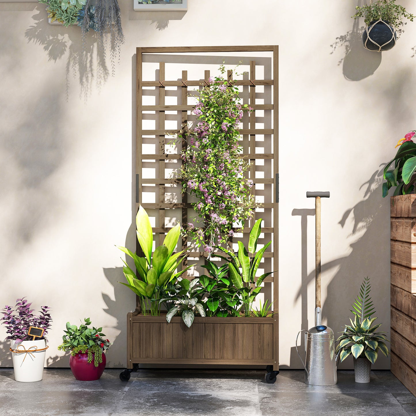 Wooden Trellis Planter, Raised Garden Bed with Wheels, to Climb and Grow Vegetables, Herbs and Flowers, Brown
