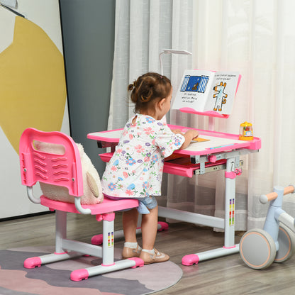 Kids Study Desk and Chair Set w/ Adjustable Height, Storage, Drawer, Pink
