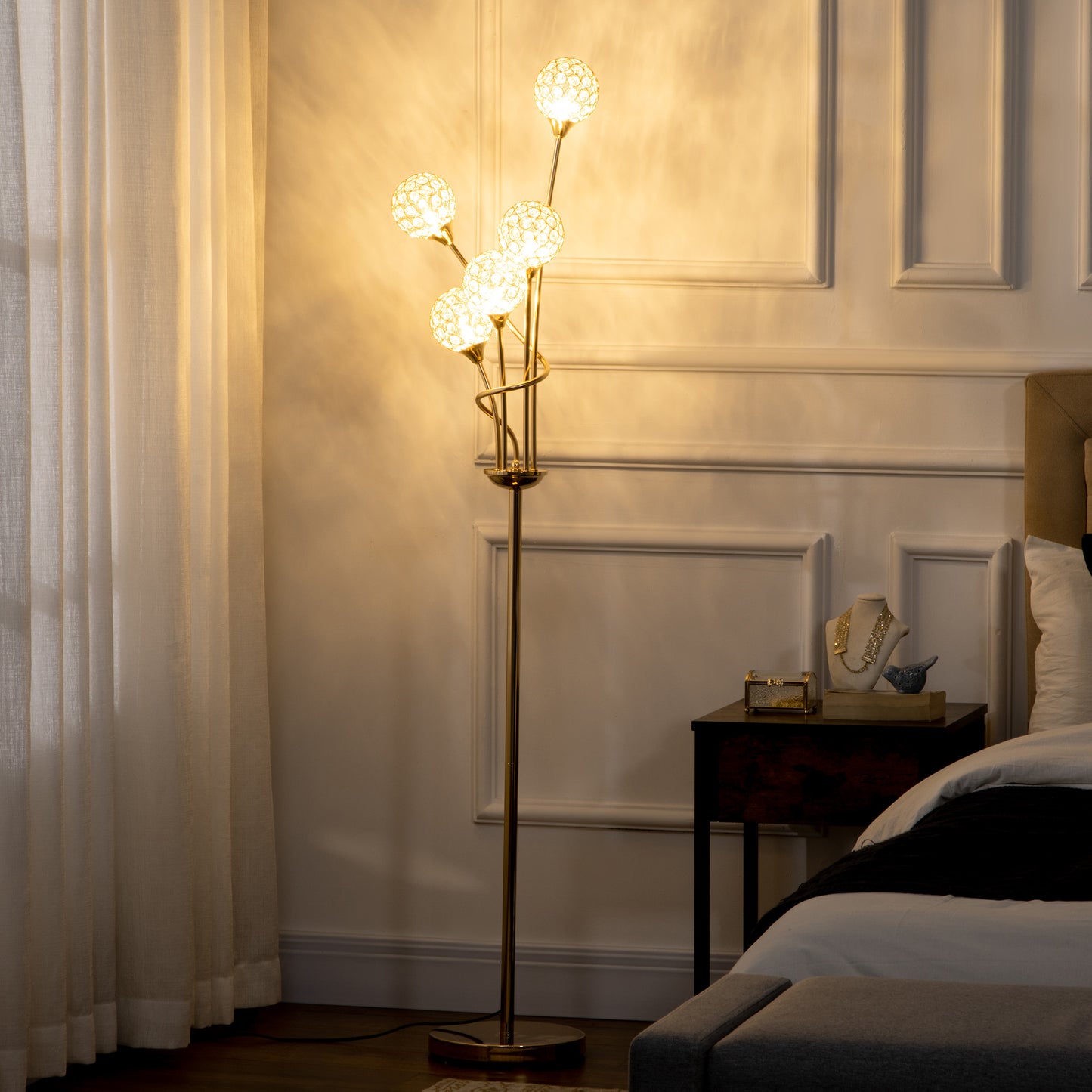 Crystal Floor Lamps for Living Room Bedroom with 5 Light, Modern Upright Standing Lamp, 34x25x156cm, Gold Tone