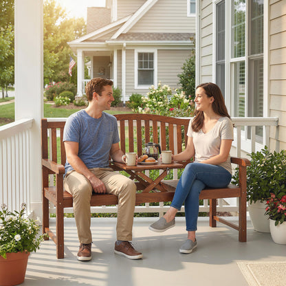 Garden Loveseat Bench, 2-3 Seater Outdoor Bench with Liftable Table and Waterproof Cover, Light Brown
