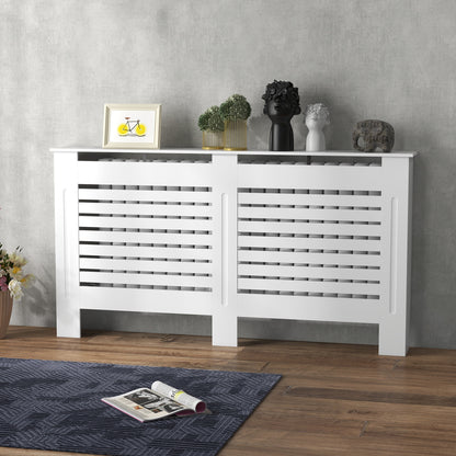 Radiator Cover, Modern MDF White Painted Cabinet with Horizontal Slats for Living Room, Bedroom, 152L x 19W x 81H cm