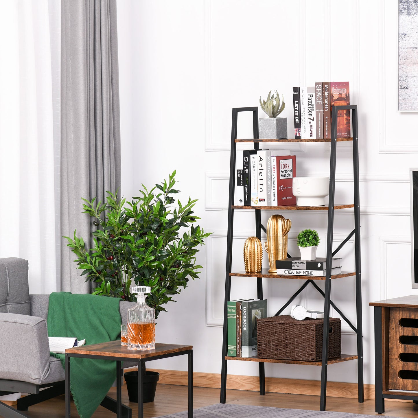 Ladder Shelf, Bookshelf, 4-Tier Industrial Storage Rack for Living Room, Bedroom, Kitchen, Rustic Brown and Black