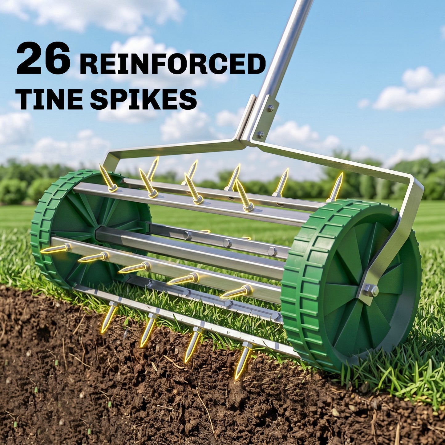 Garden Rolling Lawn Aerator Heavy Duty Steel Grass Roller w/ Adjustable Handle