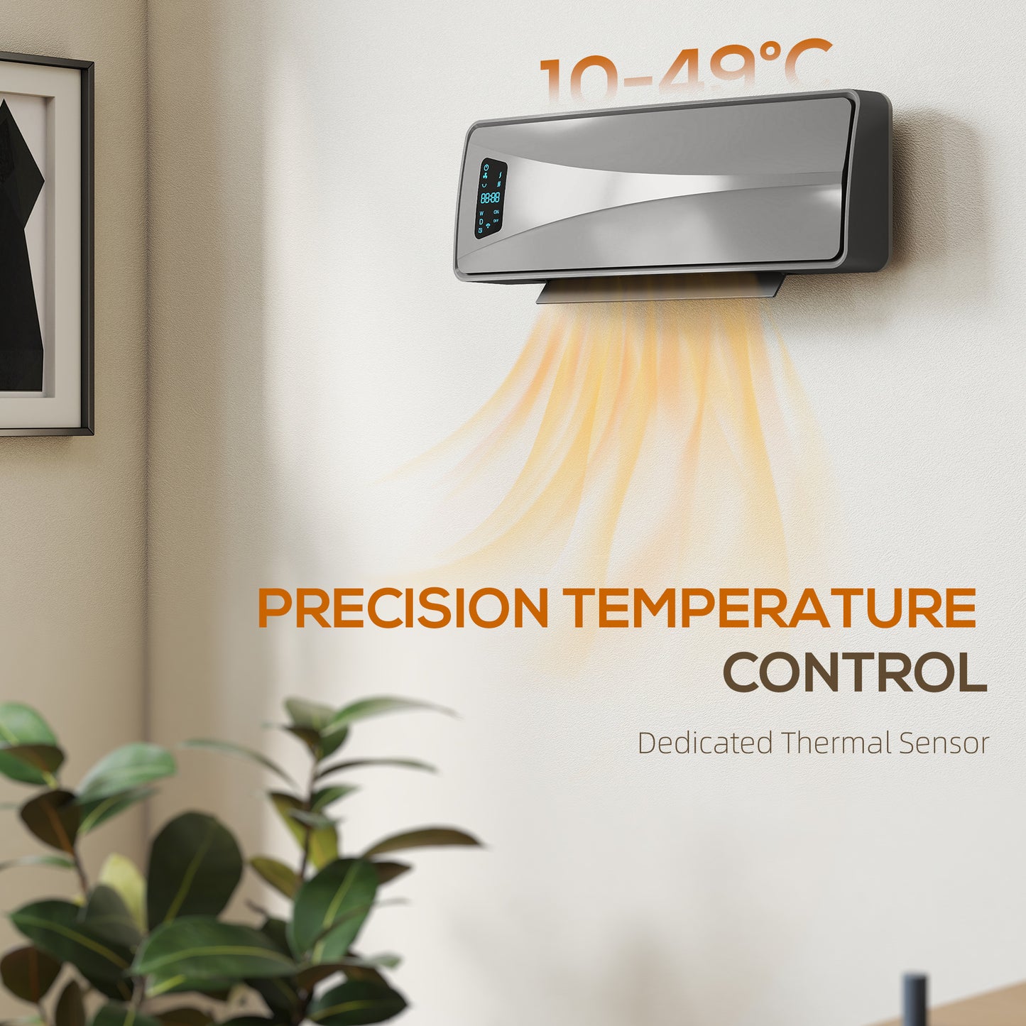 2000W Ceramic Electric Heater with Fan, Adjustable Thermostat, Wall Mounted - Grey